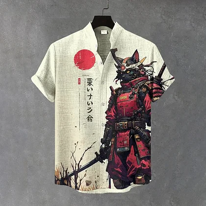 Summerin Shirt's Samurai Cat Warrior Shirt – Japanese Red Armor Short Sleeve Button-Up for Men