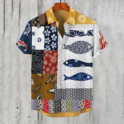 Summerin Shirt's Japanese Patchwork Fish Print Short Sleeve Button Down Shirt