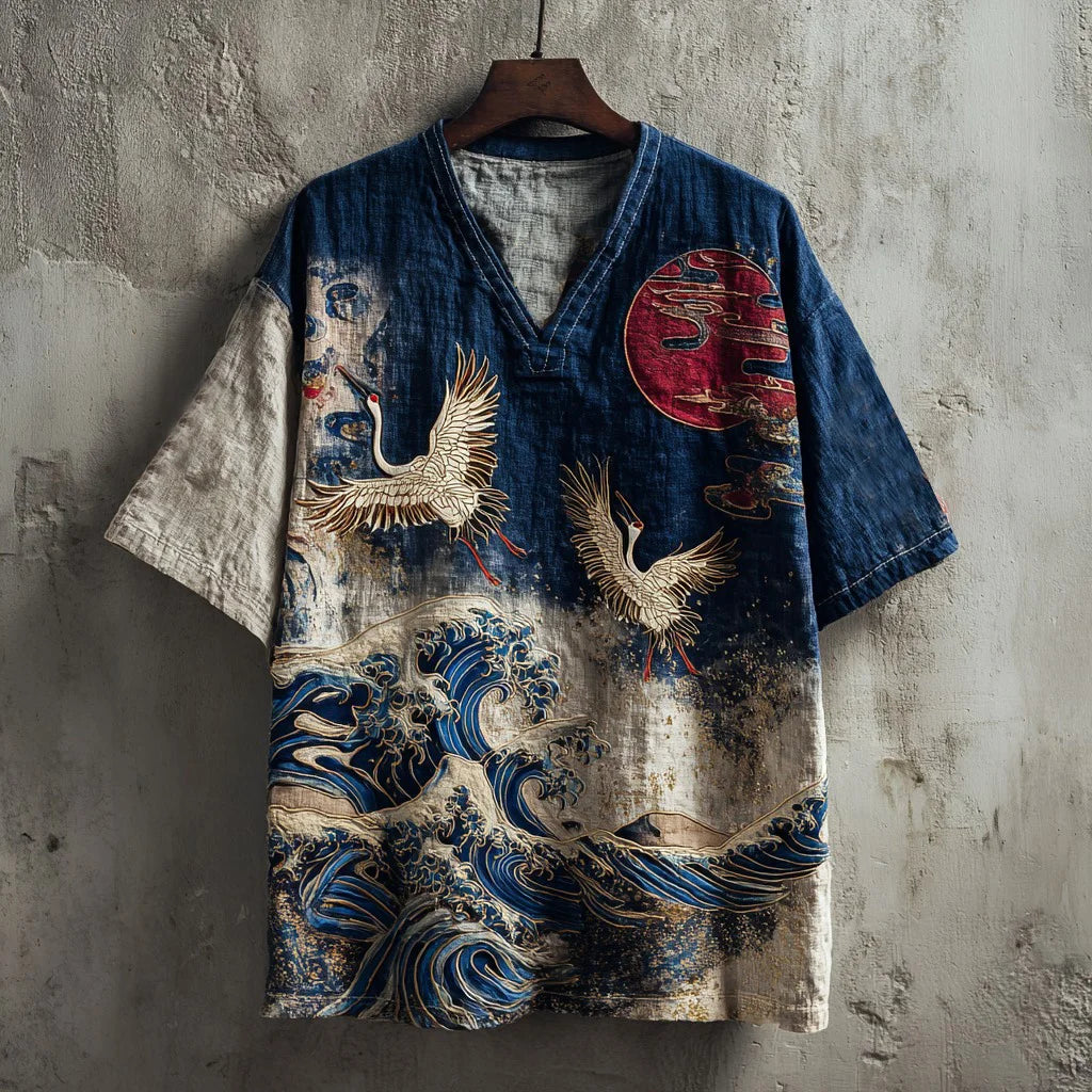 Summerin Shirt's Japanese Crane & Ocean Wave Printed Linen V-Neck Shirt for Men