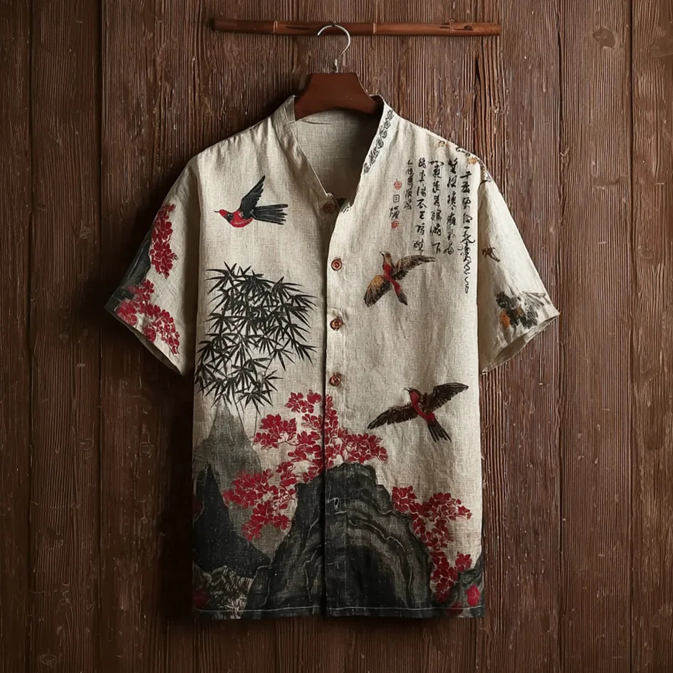 Summerin Shirt's Crane Bamboo Japanese Art Summer Shirt for Men