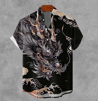 Summerin Shirt's Japanese Dragon Print Shirt – Bold Black Mythical Art Short Sleeve Button-Up