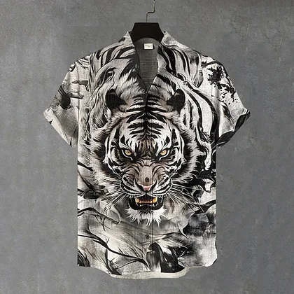 Summerin Shirt's Black and White Tiger Shirt – Bold Ink Style Short Sleeve Button-Up for Men