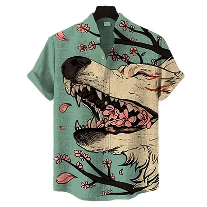 Summerin Shirt's Japanese Wolf Sakura Print Shirt – Artistic Streetwear Short Sleeve Button-Up