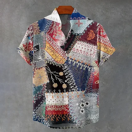 Summerin Shirt's Vintage Patchwork Print Shirt – Boho Artistic Short Sleeve Button-Up for Men