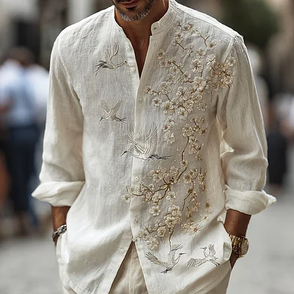Summerin Shirt's Elegant Crane Blossom Embroidered Linen Shirt for Men