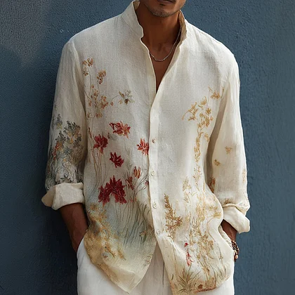 Summerin Shirt's Floral Linen Shirt for Men – Vintage Embroidered Beige Button-Up Casual Shirt