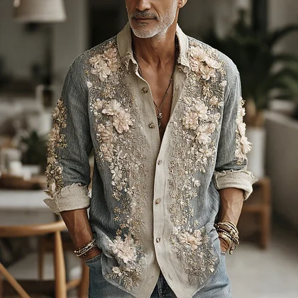 Summerin Shirt's Luxury Embroidered Floral Shirt – Elegant Linen Blend Long Sleeve Button-Up for Men