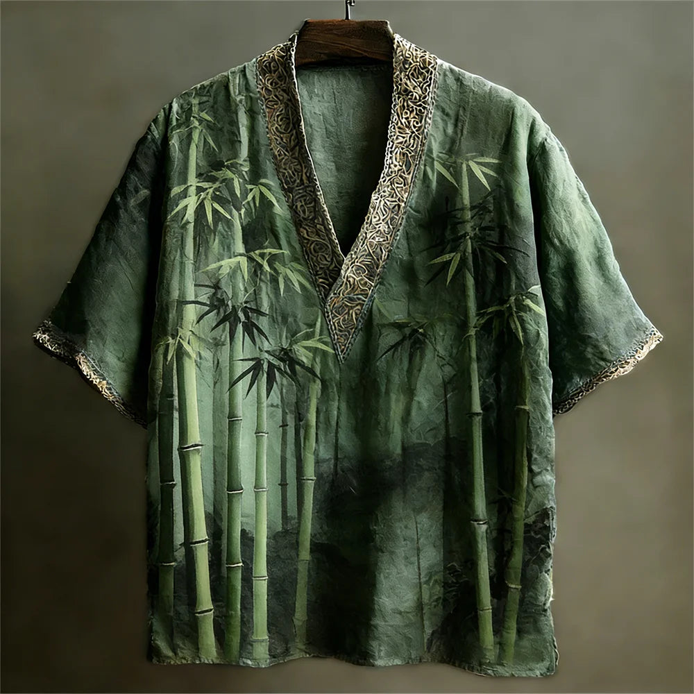 Summerin Shirt's Japanese Bamboo Forest Green Linen V-Neck Shirt for Men