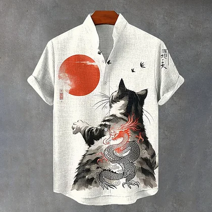 Summerin Shirt's Samurai Cat Dragon Shirt – Japanese Art Short Sleeve Button-Up for Men