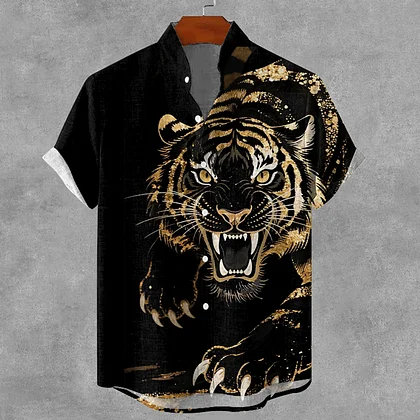 Summerin Shirt's Roaring Tiger Print Shirt – Bold Japanese Style Black Short Sleeve Button-Up
