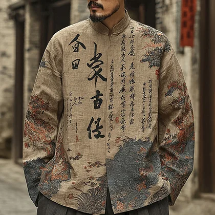 Summerin Shirt's Traditional Calligraphy Art Shirt – Vintage Japanese Long Sleeve Linen Top for Men