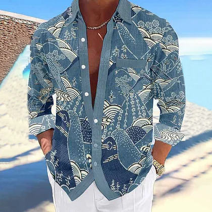 Summerin Shirt's Japanese Wave Print Shirt – Blue Artistic Ocean Button-Up for Men