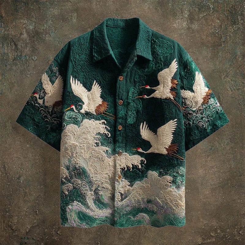 Summerin Shirt’s Emerald Japanese Crane & Ocean Wave Shirt – Luxury Ukiyo-e Art Button-Up