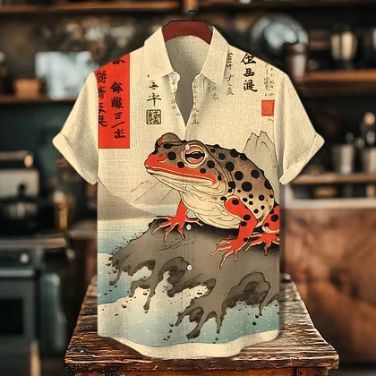 Summerin Shirt's Japanese Frog Art Shirt – Vintage Ukiyo-e Inspired Short Sleeve Button-Up for Men