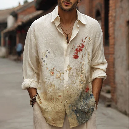 Summerin Shirt's Vintage Floral Linen Shirt – Elegant Beige Botanical Button-Up for Men