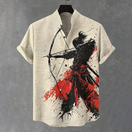 Summerin Shirt's Samurai Archer Shirt – Japanese Warrior Ink Art Short Sleeve Button-Up for Men