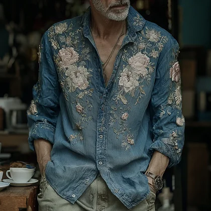 Summerin Shirt's Embroidered Floral Denim Shirt – Vintage Blue Long Sleeve Button-Up for Men