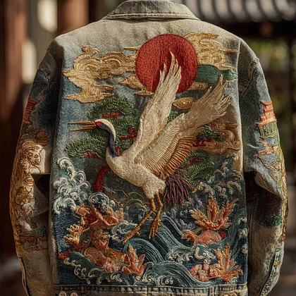 Summerin Shirt's Rising Crane Embroidered Denim Jacket for Men