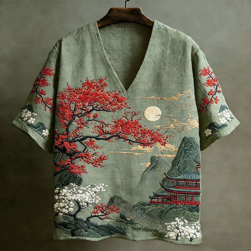 Summerin Shirt's Japanese Sakura Moon Landscape V-Neck Linen Shirt for Men