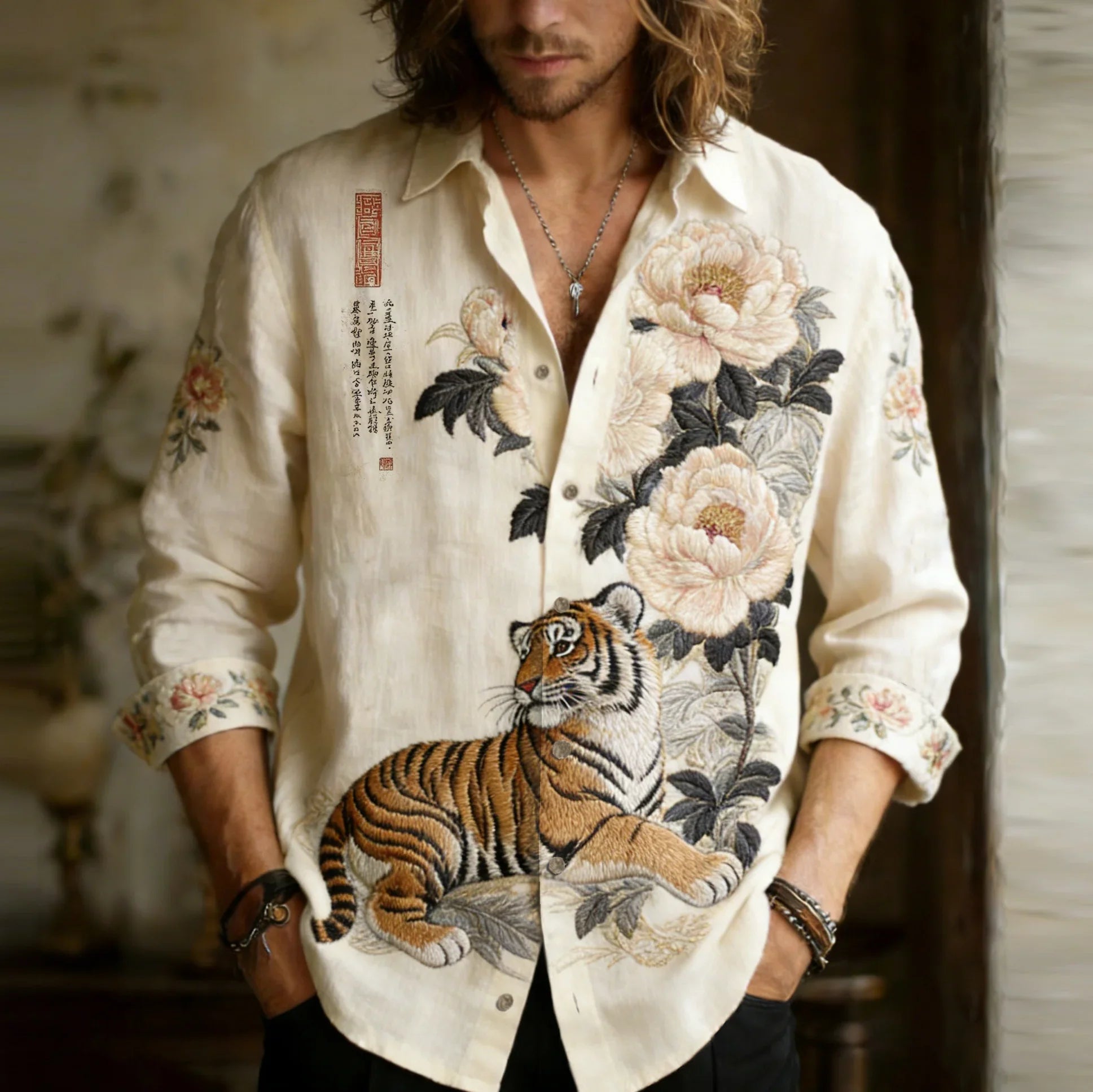 Summerin Shirt's Tiger & Peony Embroidered Cream Linen Shirt for Men