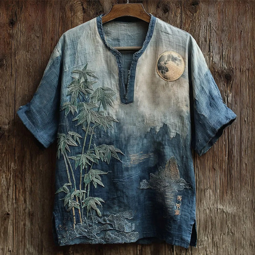 Summerin Shirt's Bamboo Moon Artistic Linen Shirt – Japanese Zen Boho V-Neck Top