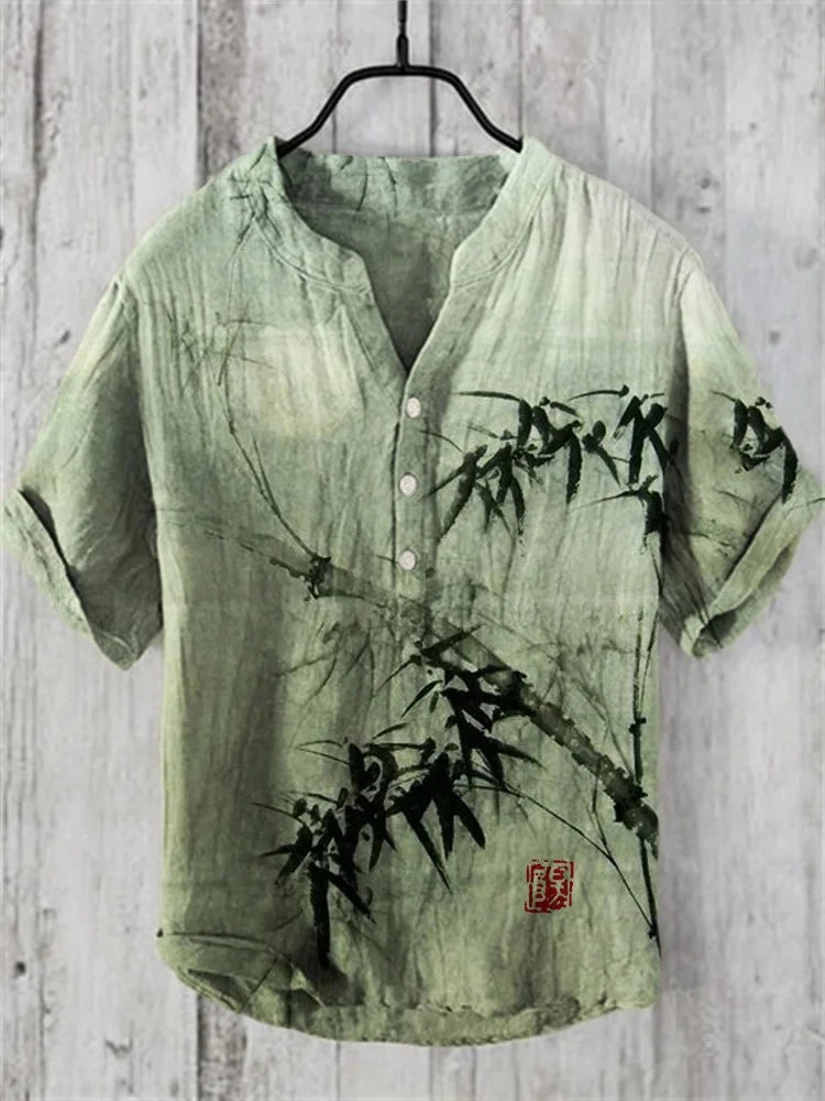 Summerin Shirt's Green Bamboo Ink Art Linen Shirt – Zen Japanese Boho Summer Top