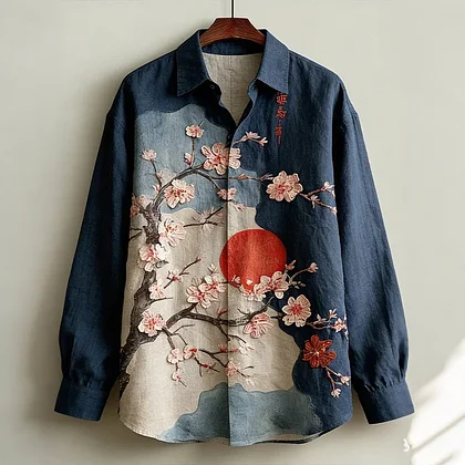 Summerin Shirt's Japanese Cherry Blossom Sunrise Printed Cotton Linen Shirt