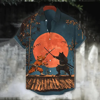 Summerin Shirt's Samurai Cat Sunset Duel Graphic Short Sleeve Button Down Shirt