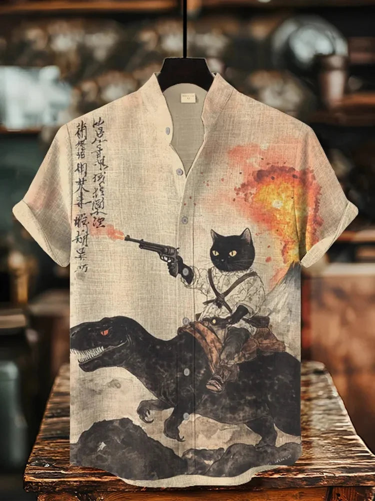 Summerin Shirt's Samurai Cat Riding Dinosaur Graphic Linen Shirt for Men