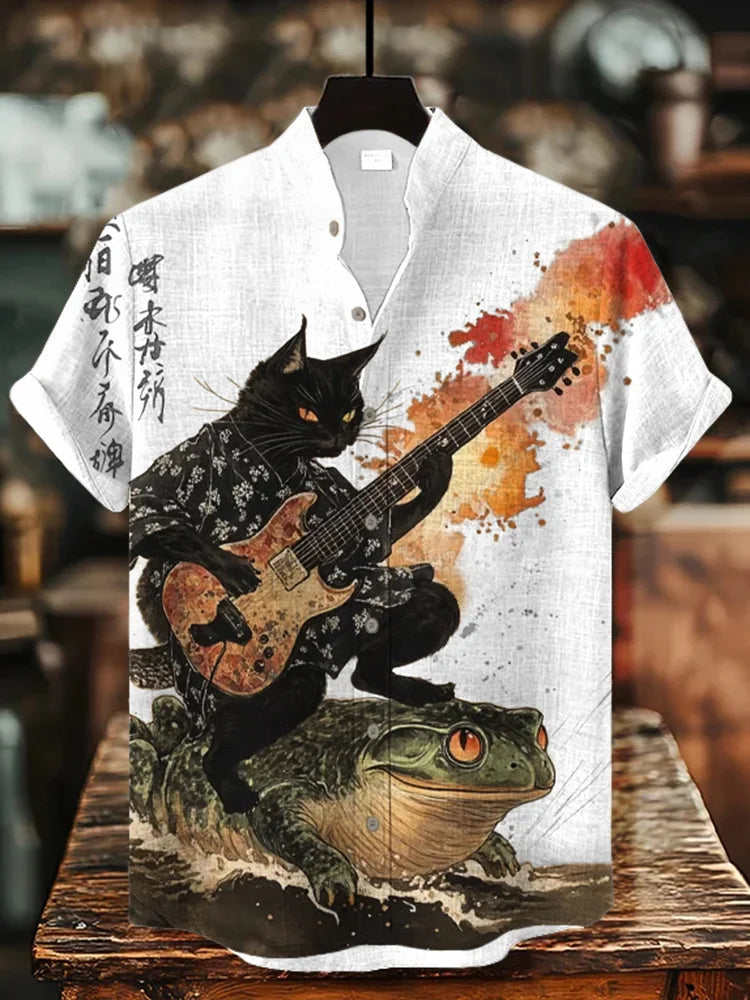 Summerin Shirt’s Samurai Cat Guitar Linen Shirt – Japanese Rock Art Top