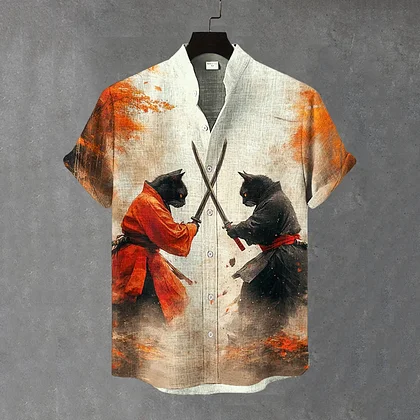 Summerin Shirt's Samurai Cat Duel Print Short Sleeve Button Down Shirt