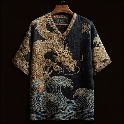 Summerin Shirt's Golden Dragon Ocean Wave V-Neck Shirt for Men