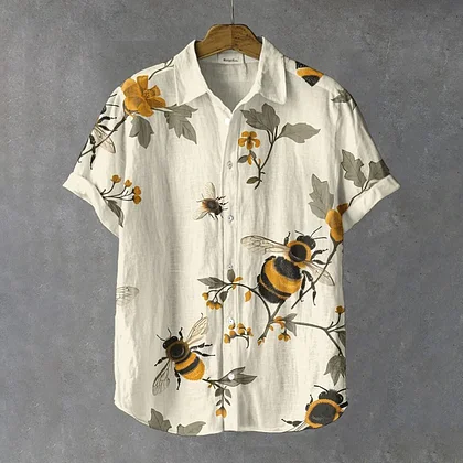 Summerin Shirt's Vintage Bee Print Shirt – Botanical Nature Short Sleeve Button-Up for Men
