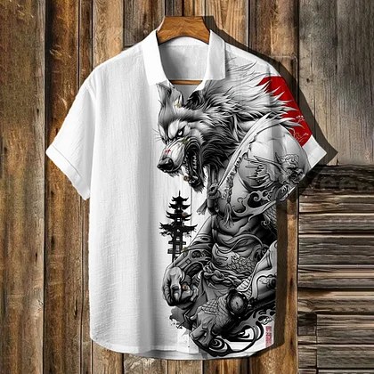 Summerin Shirt's Samurai Wolf Warrior Shirt – Japanese Art Short Sleeve Button-Up for Men