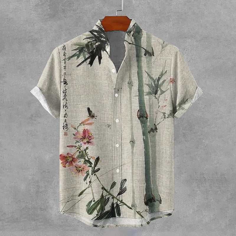Summerin Shirt's Bamboo Blossom Japanese Art Linen Summer Shirt for Men