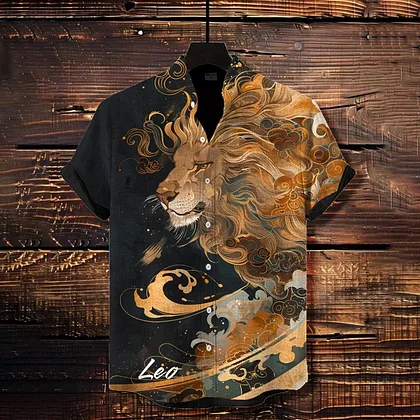 Summerin Shirt's Leo Zodiac Lion Shirt – Artistic Gold Wave Short Sleeve Button-Up for Men