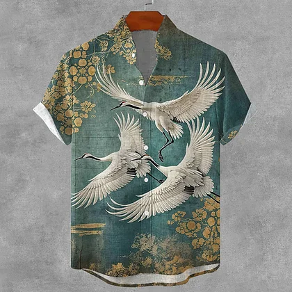 Summerin Shirt's Japanese Crane Print Shirt – Elegant Green Gold Artistic Button-Up for Men