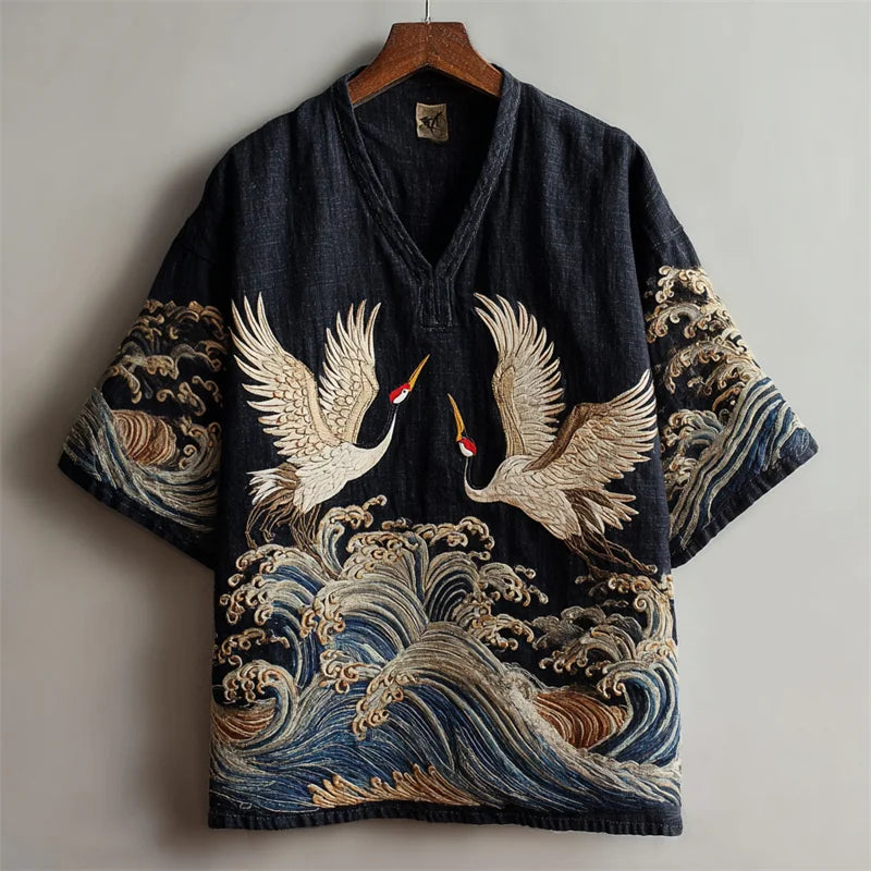 Summerin Shirt's Japanese Crane Wave Art Linen Shirt for Men