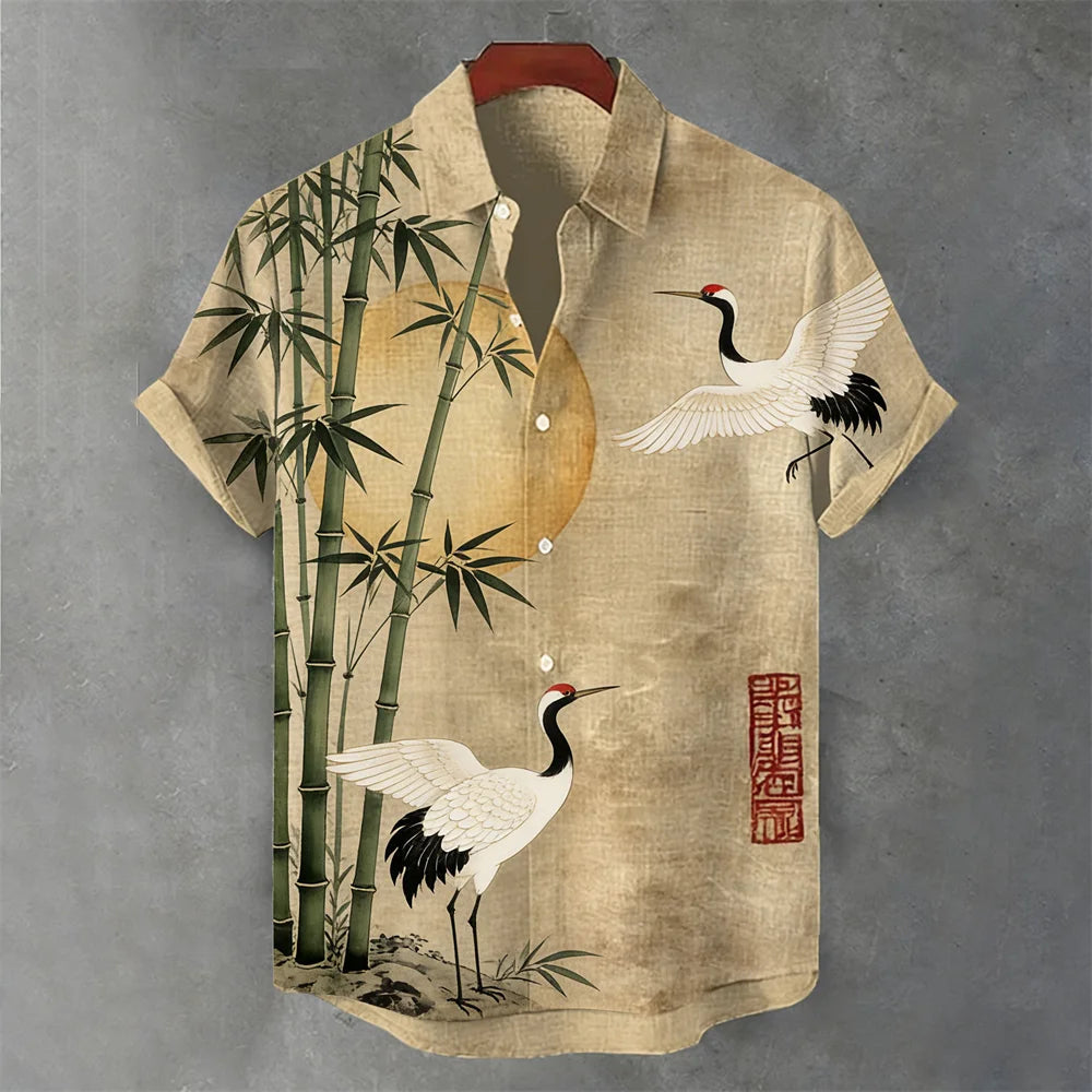 Summerin Shirt's Japanese Crane & Bamboo Printed Beige Linen Shirt for Men