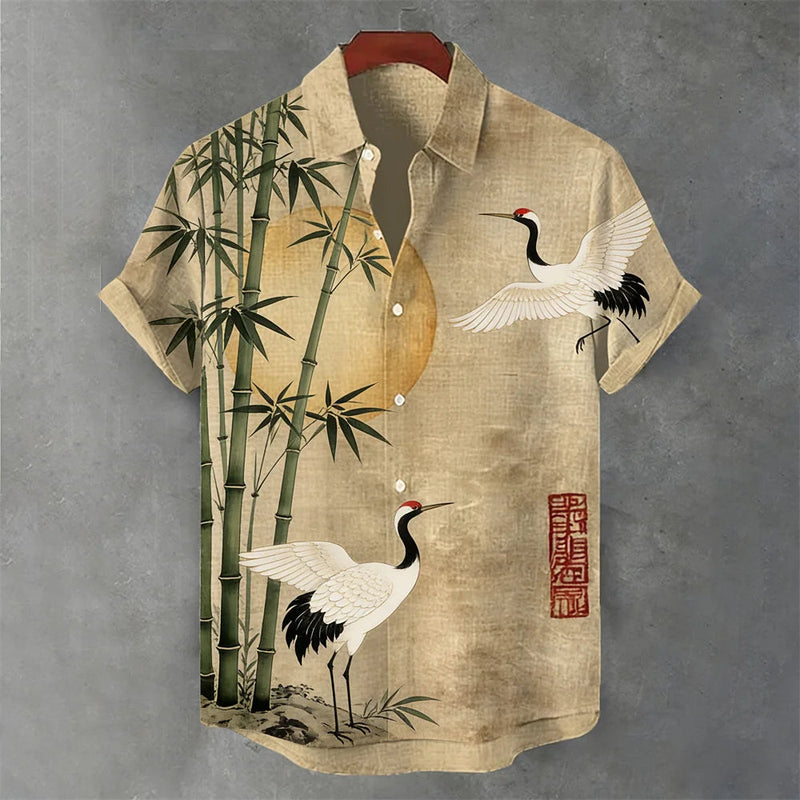 Summerin Shirt's Japanese Crane & Bamboo Printed Beige Linen Shirt for Men