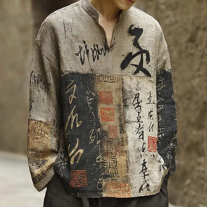 Summerin Shirt's Vintage Calligraphy Patchwork Shirt – Japanese Inspired Long Sleeve Linen Top for Men