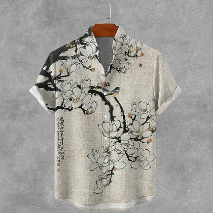 Summerin Shirt's Japanese Magnolia Blossom Shirt – Elegant Artistic Beige Short Sleeve Button-Up