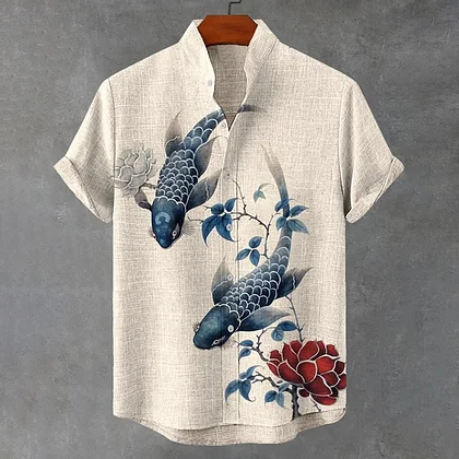 Summerin Shirt's Japanese Koi Fish Print Shirt – Elegant Linen Style Short Sleeve Button-Up for Men