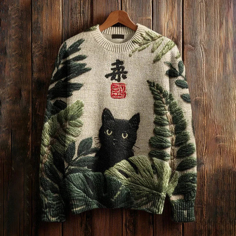 Summerin Shirt's Black Cat Forest Graphic Knit Sweater for Men