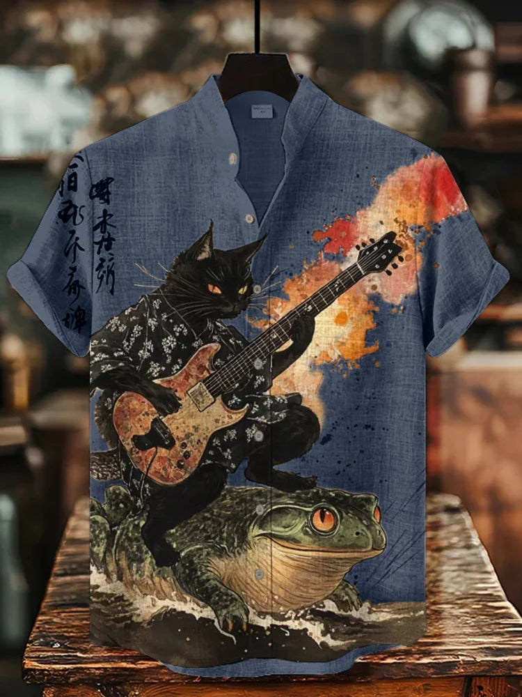 Summerin Shirt’s Samurai Cat Guitar Linen Shirt – Japanese Rock Art Top