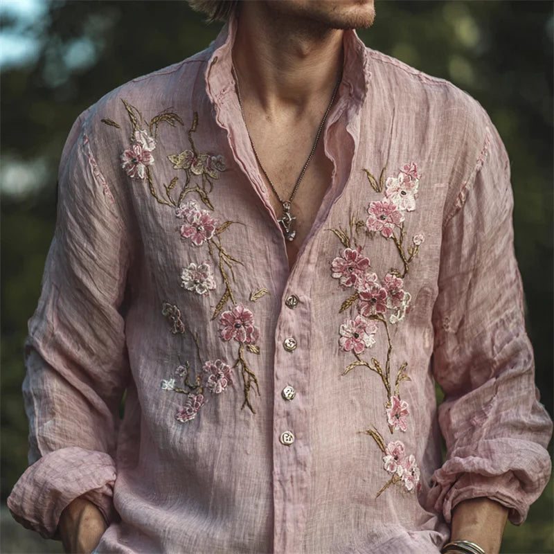 Summerin Shirt's Sakura Blossom Embroidered Pink Linen Shirt for Men