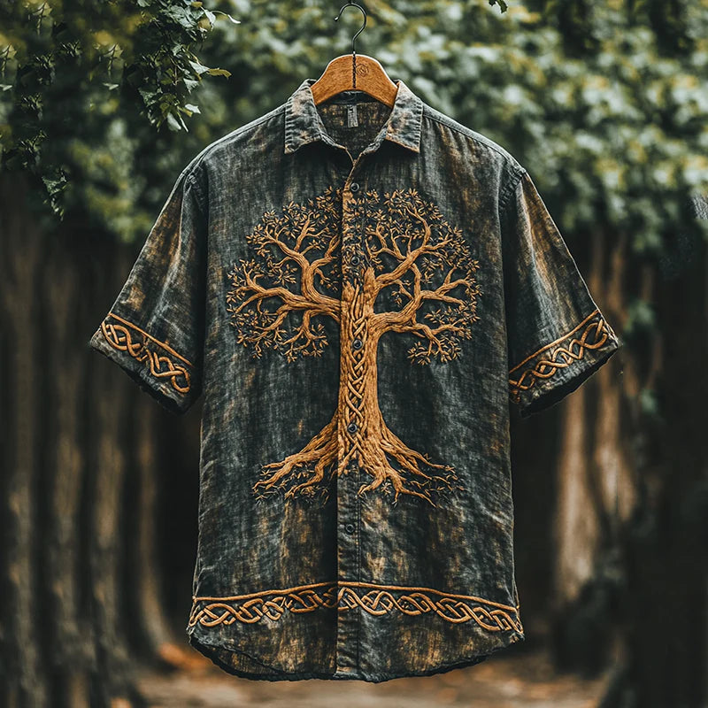 Summerin Shirt's Celtic Tree of Life Button-Up Shirt – Vintage Washed Boho Nature Shirt for Men