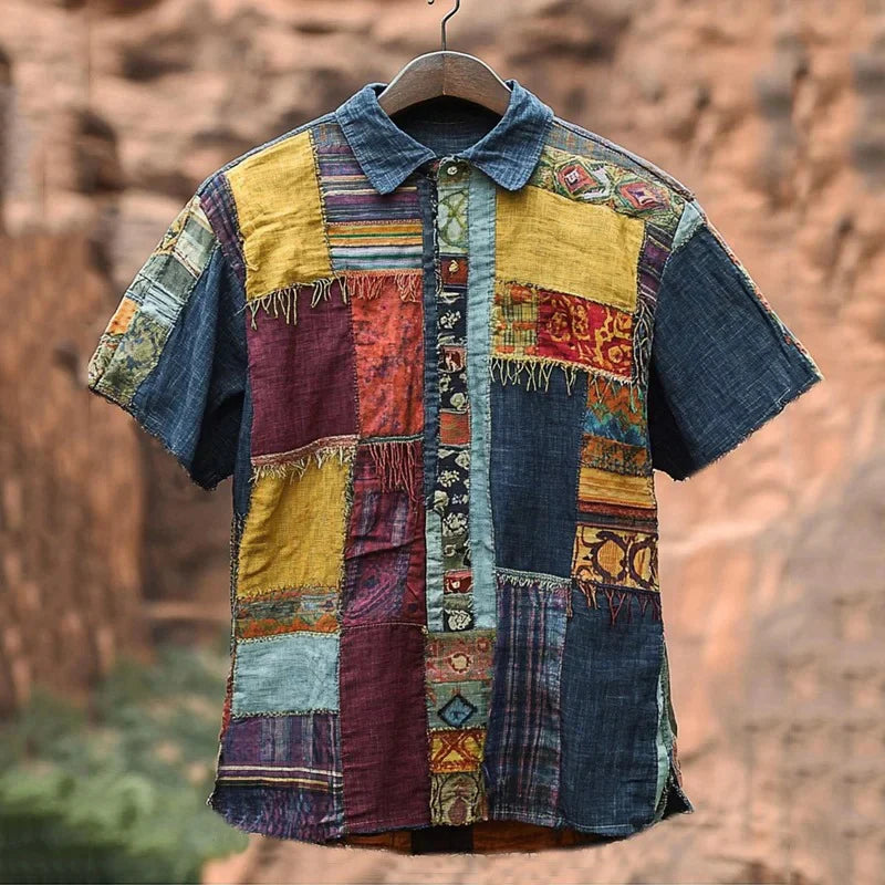 Summerin Shirt's Earthy Patchwork Button-Up Shirt – Vintage Boho Artisan Linen Top