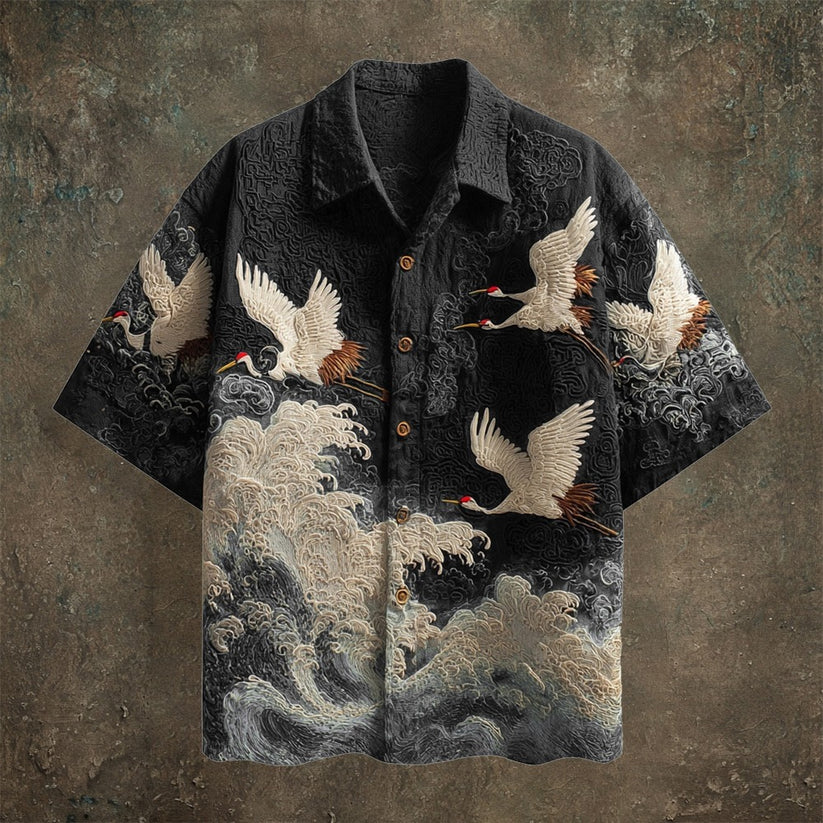 Summerin Shirt’s Black Japanese Crane & Ocean Wave Shirt – Luxury Ukiyo-e Art Button-Up