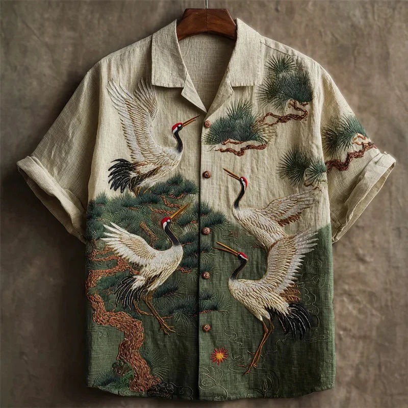 Summerin Shirt's Japanese Crane Embroidered Linen Shirt – Vintage Artistic Button-Up Top